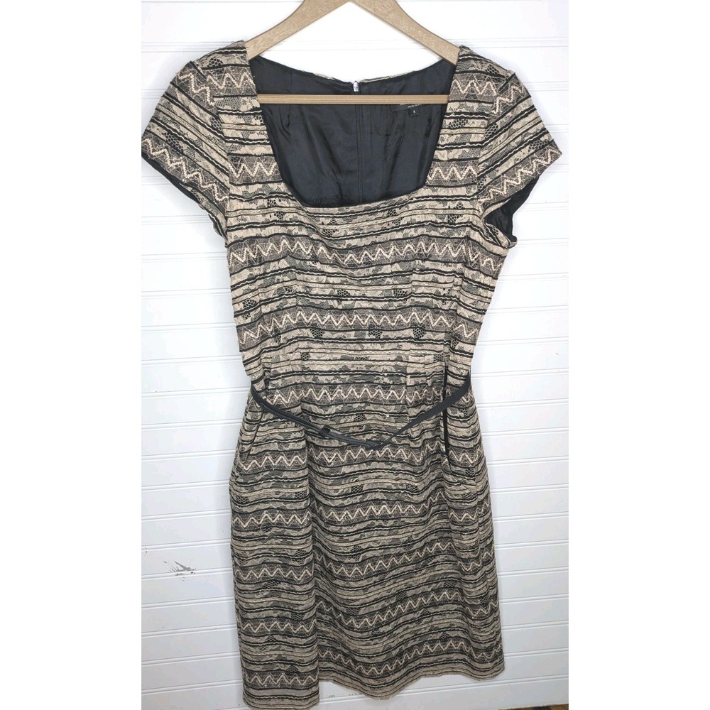 Nanette Lepore Womens Cocktail Dress 8 Black Goldish Lace Lined Belted Fit Flare